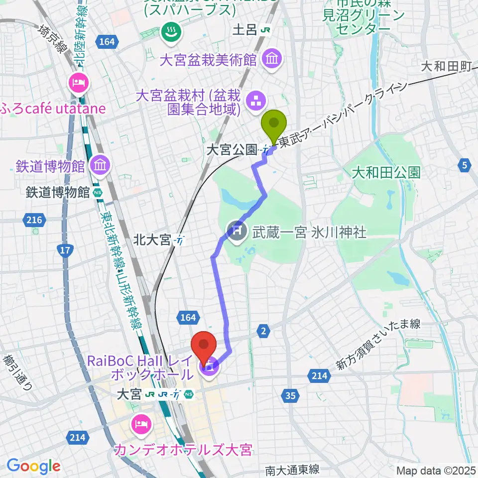大宮公園駅から小島ギタースクールへのルートマップ地図
