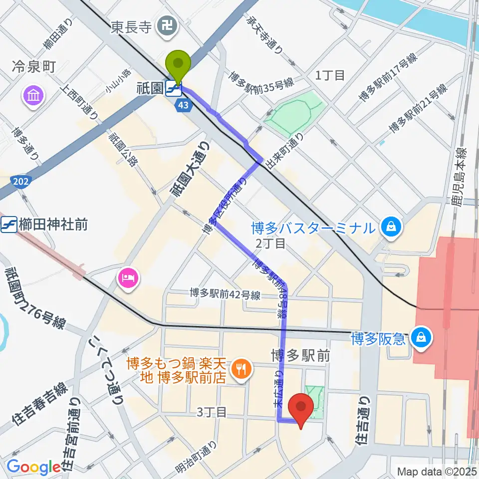 祇園駅から専門学校 九州ビジュアルアーツへのルートマップ地図
