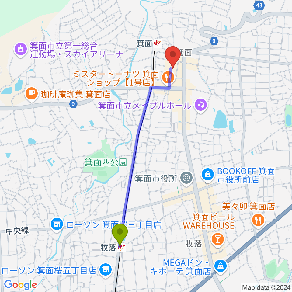 牧落駅からミュージックドリーム音楽教室へのルートマップ地図