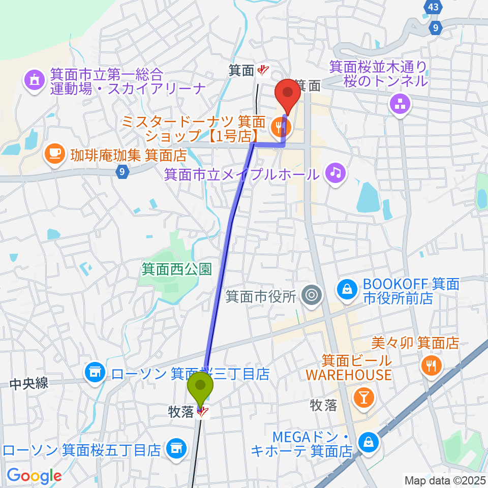 牧落駅からミュージックドリーム音楽教室へのルートマップ地図