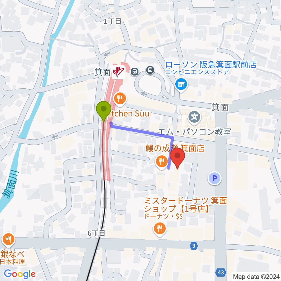 ミュージックドリーム音楽教室の最寄駅箕面駅からの徒歩ルート（約2分）地図