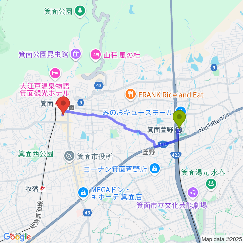 箕面萱野駅からミュージックドリーム音楽教室へのルートマップ地図