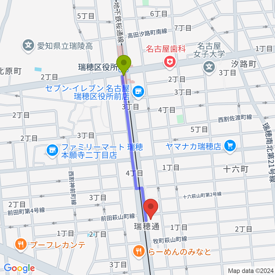 瑞穂区役所駅からコンピュータミュージックスクールリカレンスへのルートマップ地図