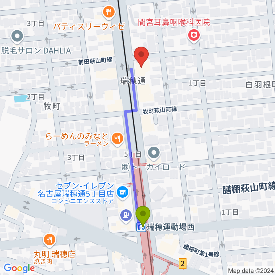 コンピュータミュージックスクールリカレンスの最寄駅瑞穂運動場西駅からの徒歩ルート（約5分）地図