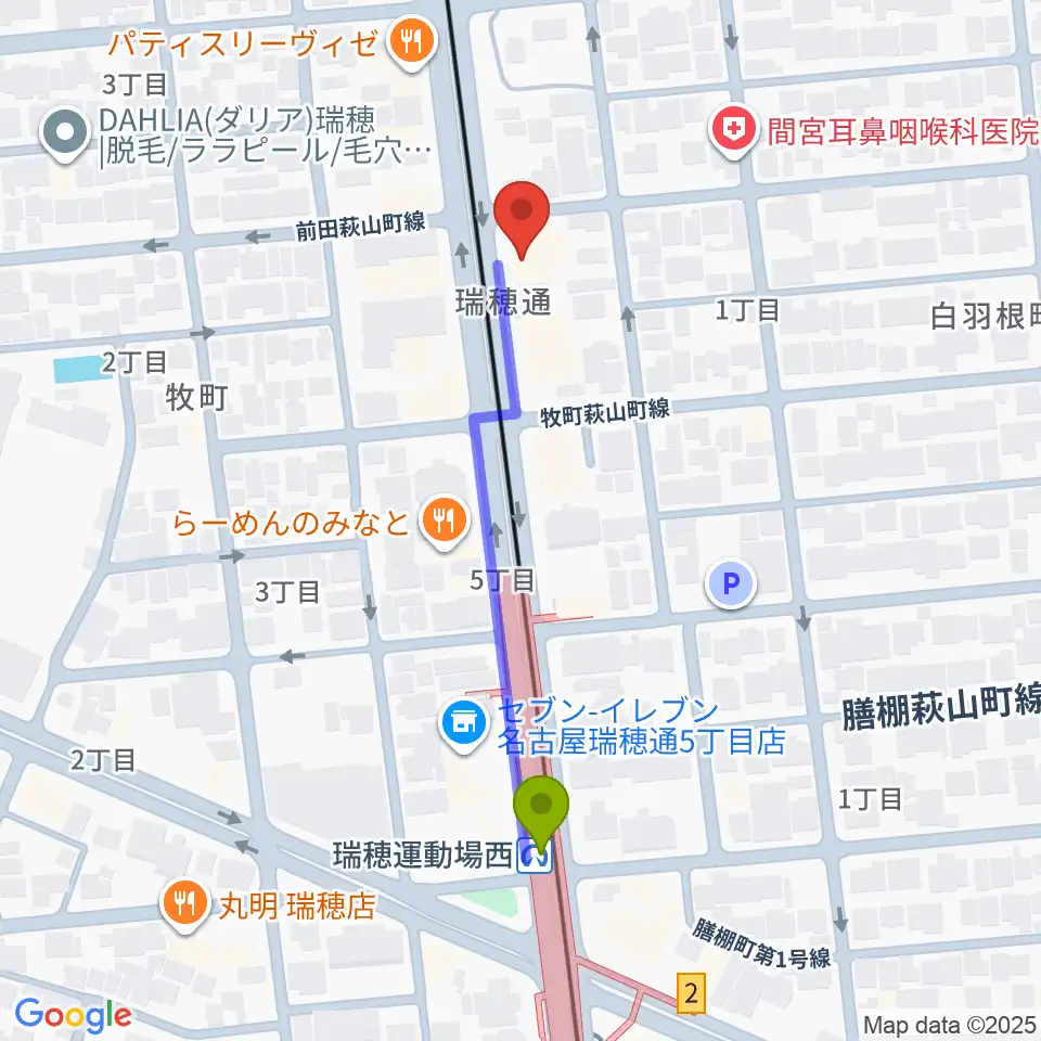 DTMスクールCMSリカレンスの最寄駅瑞穂運動場西駅からの徒歩ルート（約4分）地図
