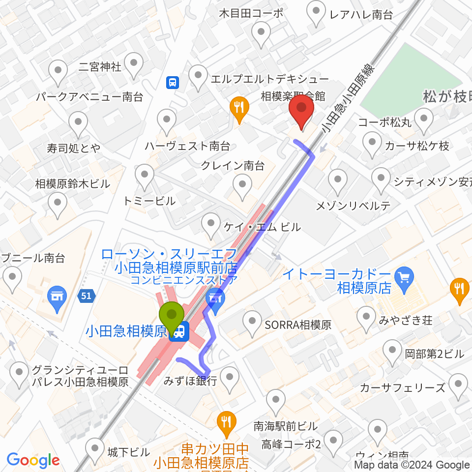 エンゼルミュージックの最寄駅小田急相模原駅からの徒歩ルート（約4分）地図