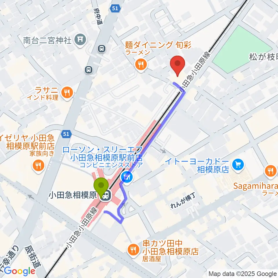 エンゼルミュージックの最寄駅小田急相模原駅からの徒歩ルート（約4分）地図