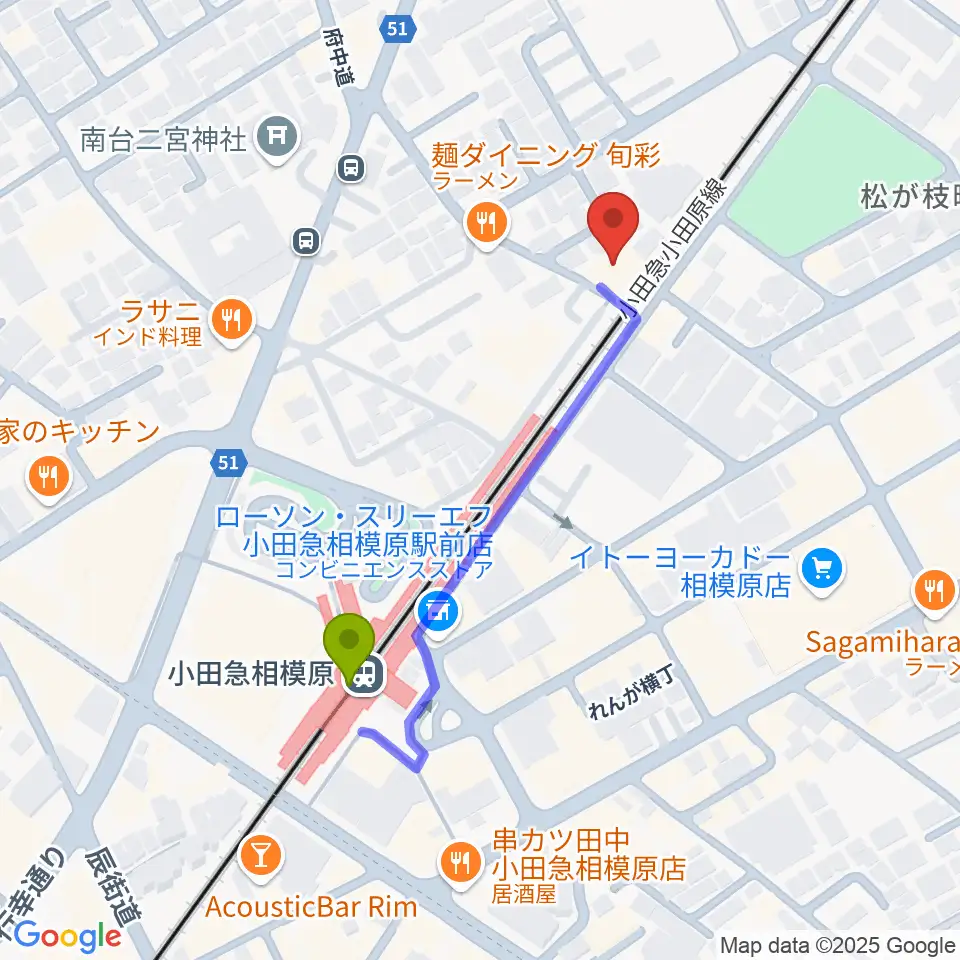 エンゼルミュージックの最寄駅小田急相模原駅からの徒歩ルート（約4分）地図