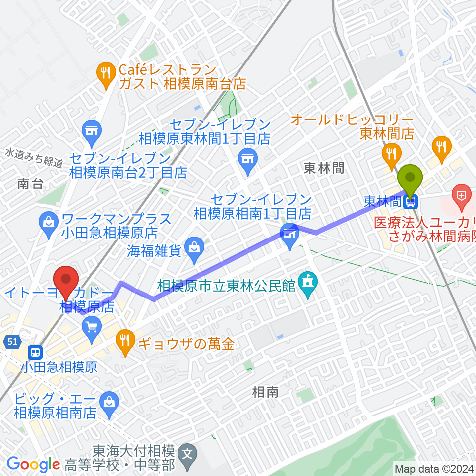 東林間駅からエンゼルミュージックへのルートマップ地図