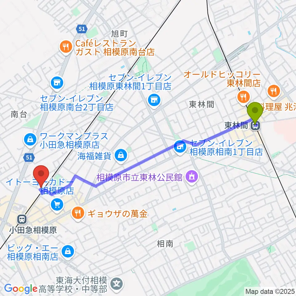 東林間駅からエンゼルミュージックへのルートマップ地図