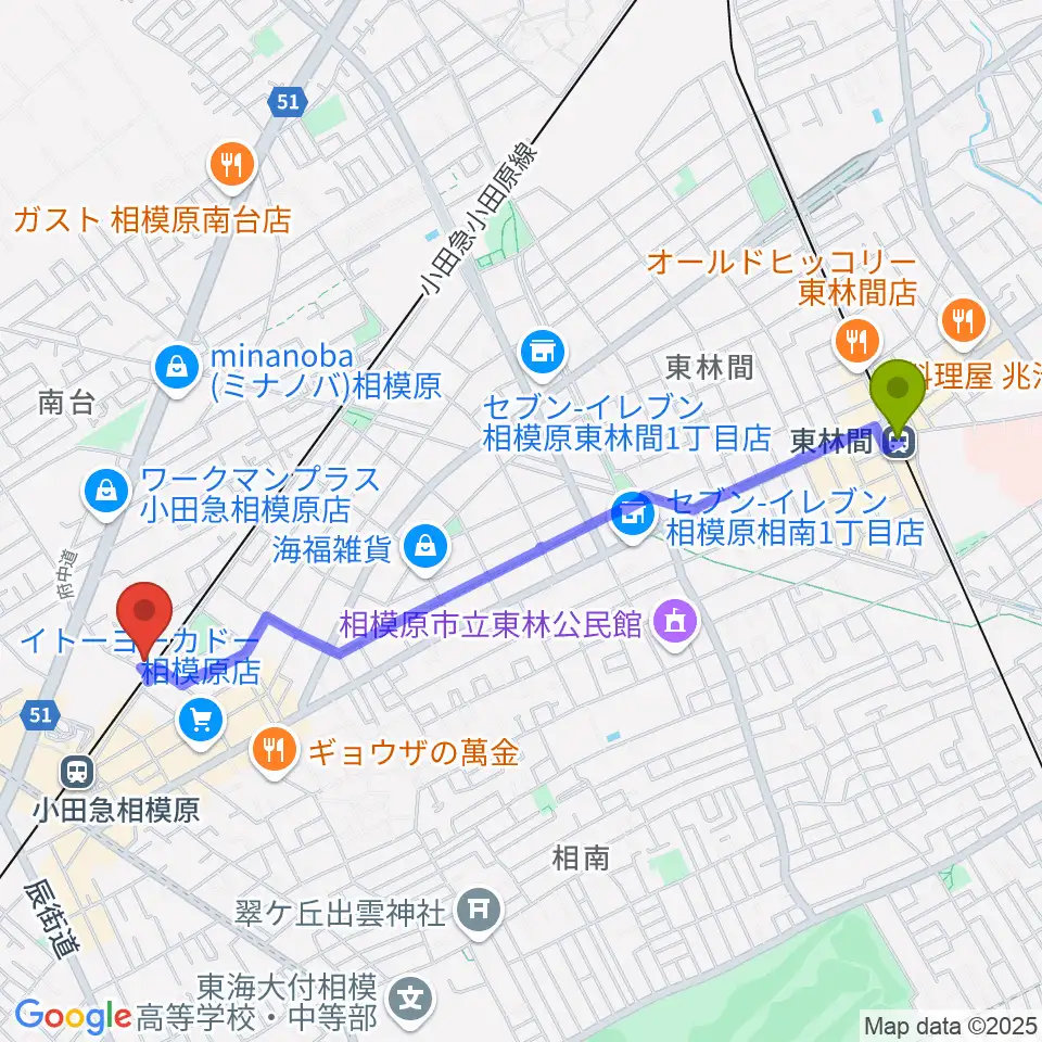 東林間駅からエンゼルミュージックへのルートマップ地図