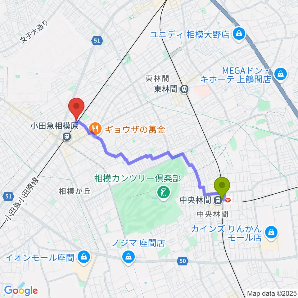 中央林間駅からエンゼルミュージックへのルートマップ地図