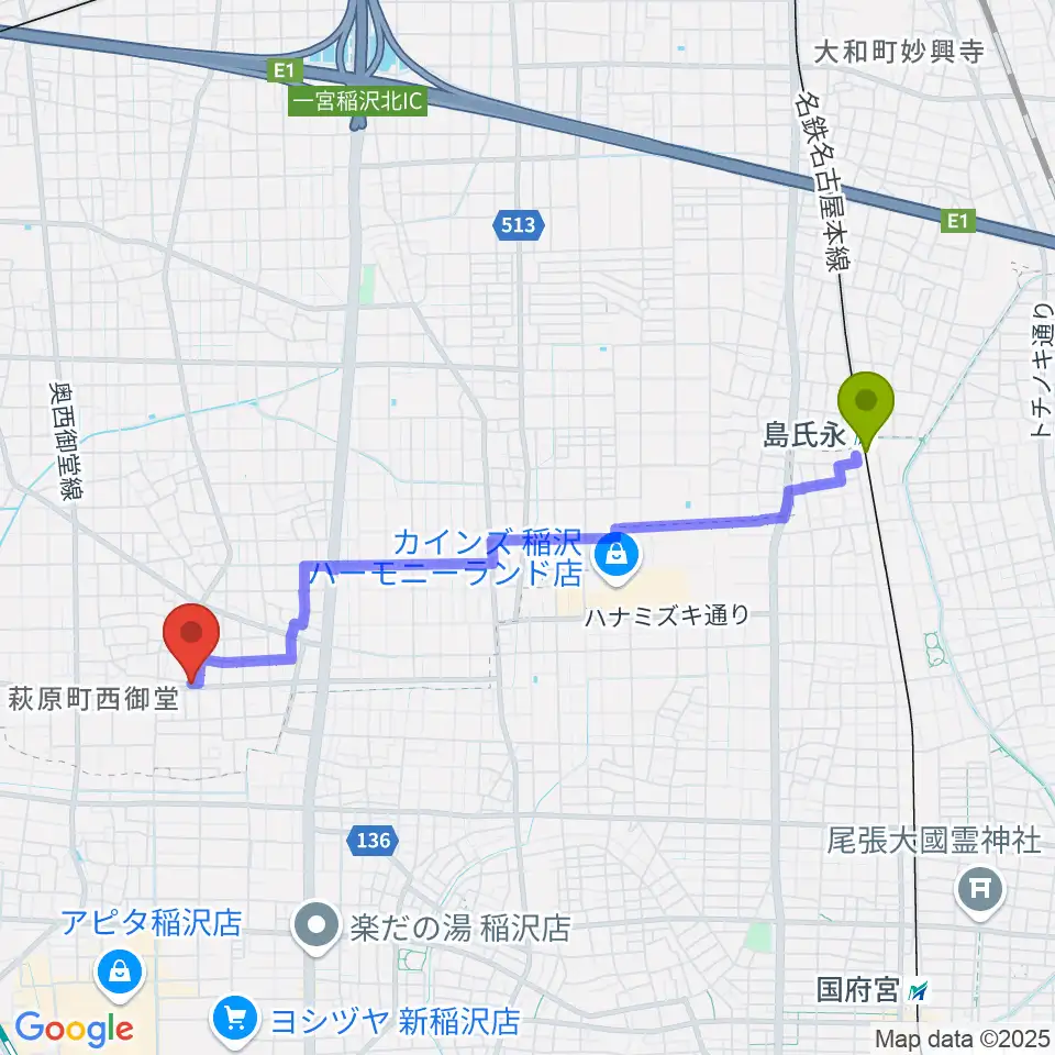 島氏永駅からつむぎ音楽教室へのルートマップ地図