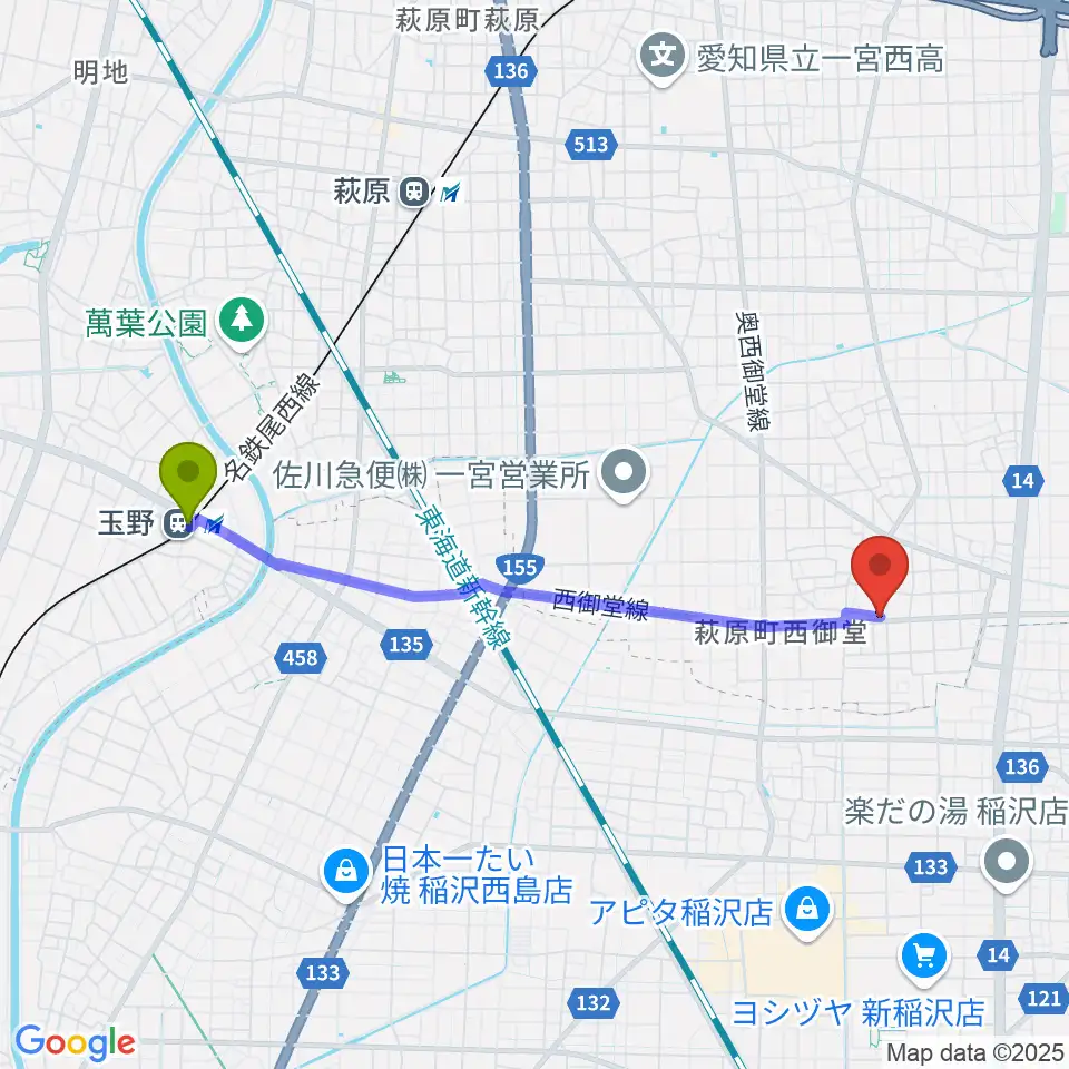 玉野駅からつむぎ音楽教室へのルートマップ地図