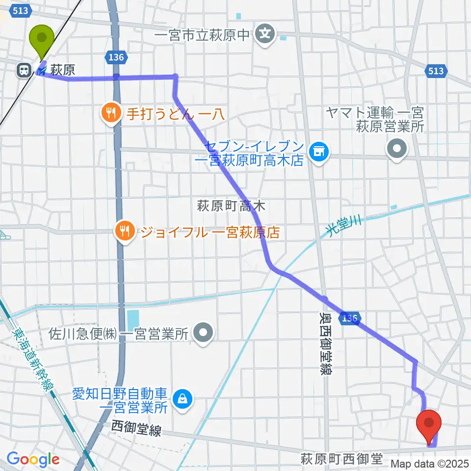 つむぎ音楽教室の最寄駅萩原駅からの徒歩ルート（約36分）地図