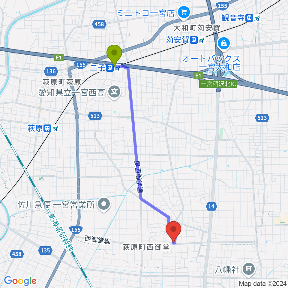 二子駅からつむぎ音楽教室へのルートマップ地図