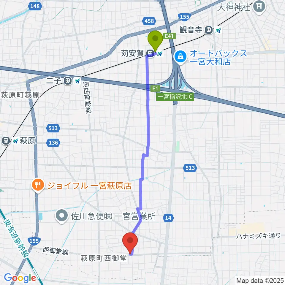 苅安賀駅からつむぎ音楽教室へのルートマップ地図