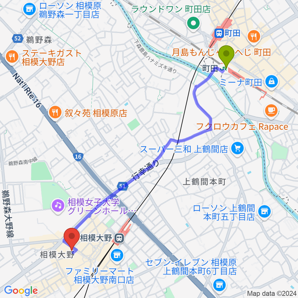 町田駅からミュージックスクール・スタジオグルーヴへのルートマップ地図