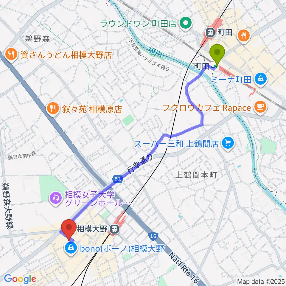 町田駅からミュージックスクール・スタジオグルーヴへのルートマップ地図