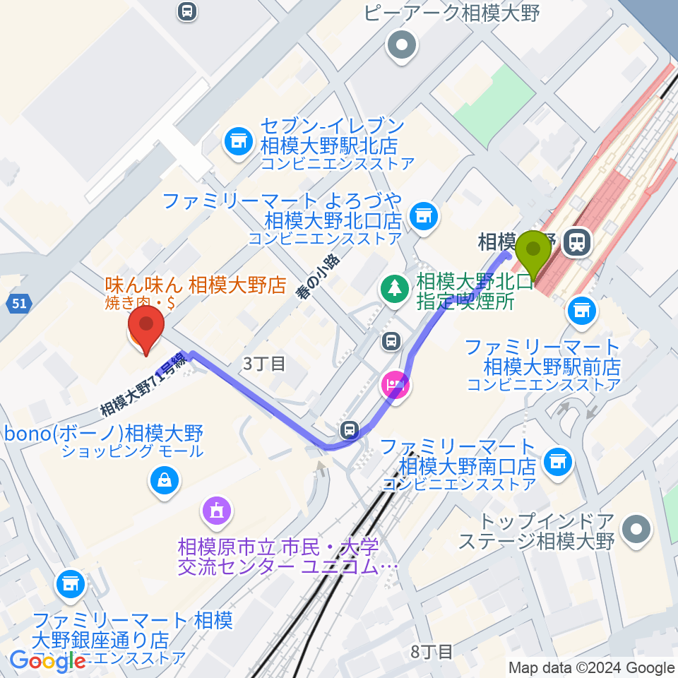 ミュージックスクール・スタジオグルーヴの最寄駅相模大野駅からの徒歩ルート（約5分）地図