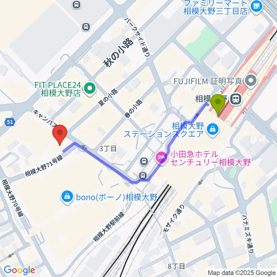 ミュージックスクール・スタジオグルーヴの最寄駅相模大野駅からの徒歩ルート（約5分）地図