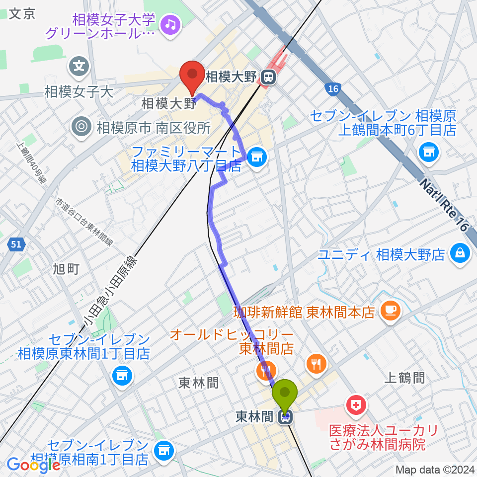 東林間駅からミュージックスクール・スタジオグルーヴへのルートマップ地図