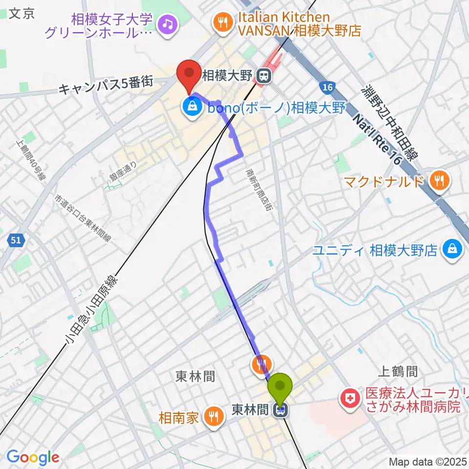 東林間駅からミュージックスクール・スタジオグルーヴへのルートマップ地図