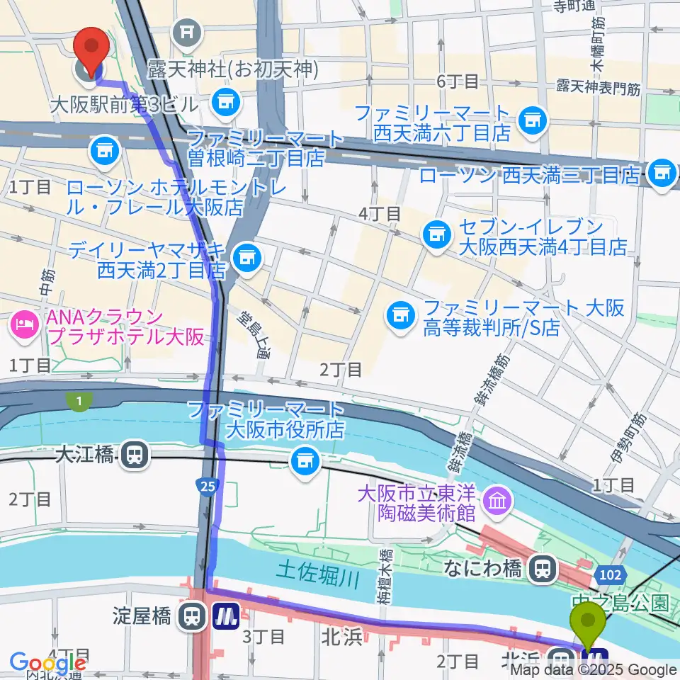 北浜駅からアール・エイチ・ワイ音楽教室へのルートマップ地図