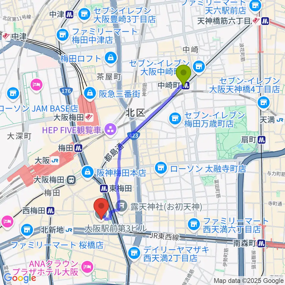 中崎町駅からアール・エイチ・ワイ音楽教室へのルートマップ地図