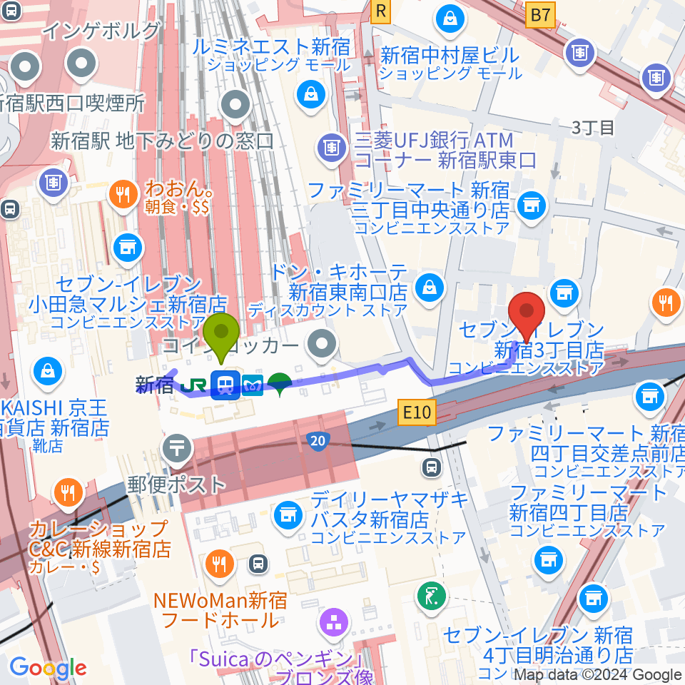 ミュージックスクールウッド新宿校の最寄駅新宿駅からの徒歩ルート（約3分）地図