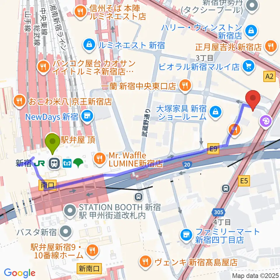 新宿駅からミュージックスクールウッドへのルートマップ地図