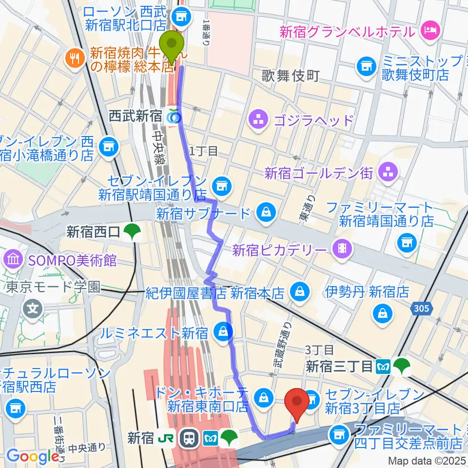 西武新宿駅からミュージックスクールウッド新宿校へのルートマップ地図