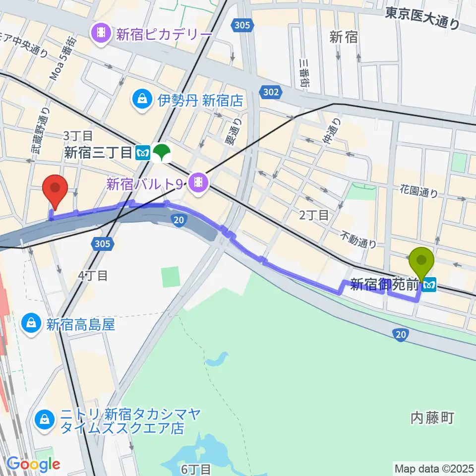 新宿御苑前駅からミュージックスクールウッド新宿校へのルートマップ地図
