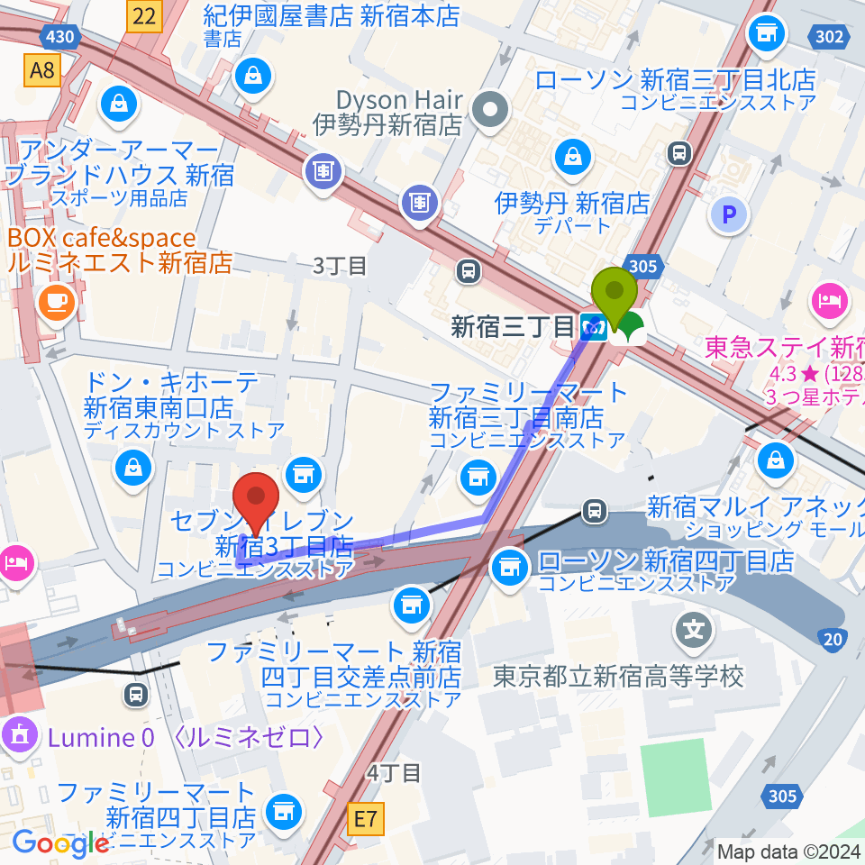 新宿三丁目駅からミュージックスクールウッド新宿校へのルートマップ地図