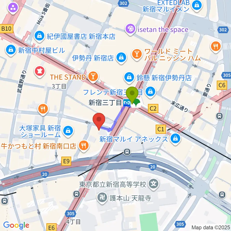 ミュージックスクールウッドの最寄駅新宿三丁目駅からの徒歩ルート（約1分）地図