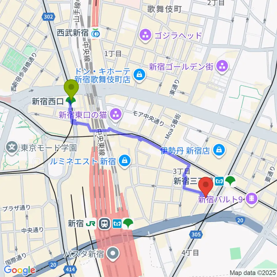 新宿西口駅からミュージックスクールウッドへのルートマップ地図