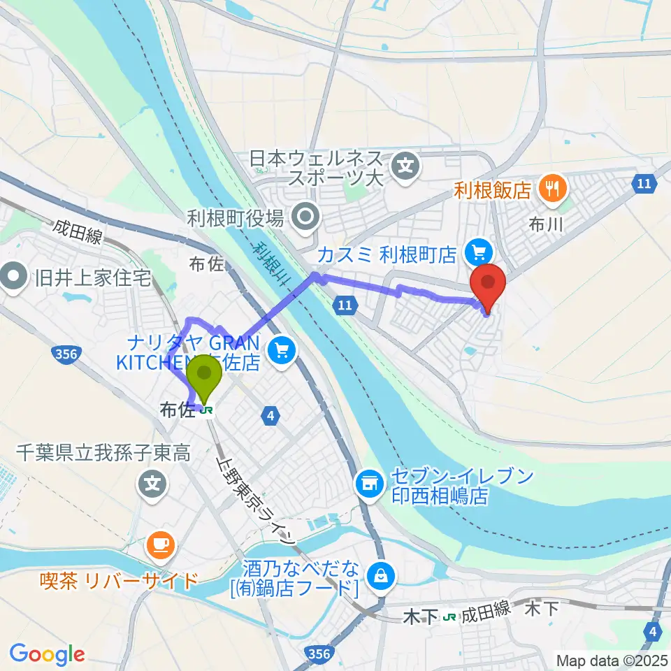 四季の丘ミュージックスクールの最寄駅布佐駅からの徒歩ルート（約28分）地図