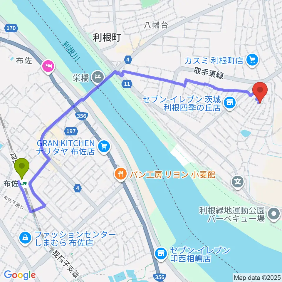 四季の丘ミュージックスクールの最寄駅布佐駅からの徒歩ルート（約28分）地図
