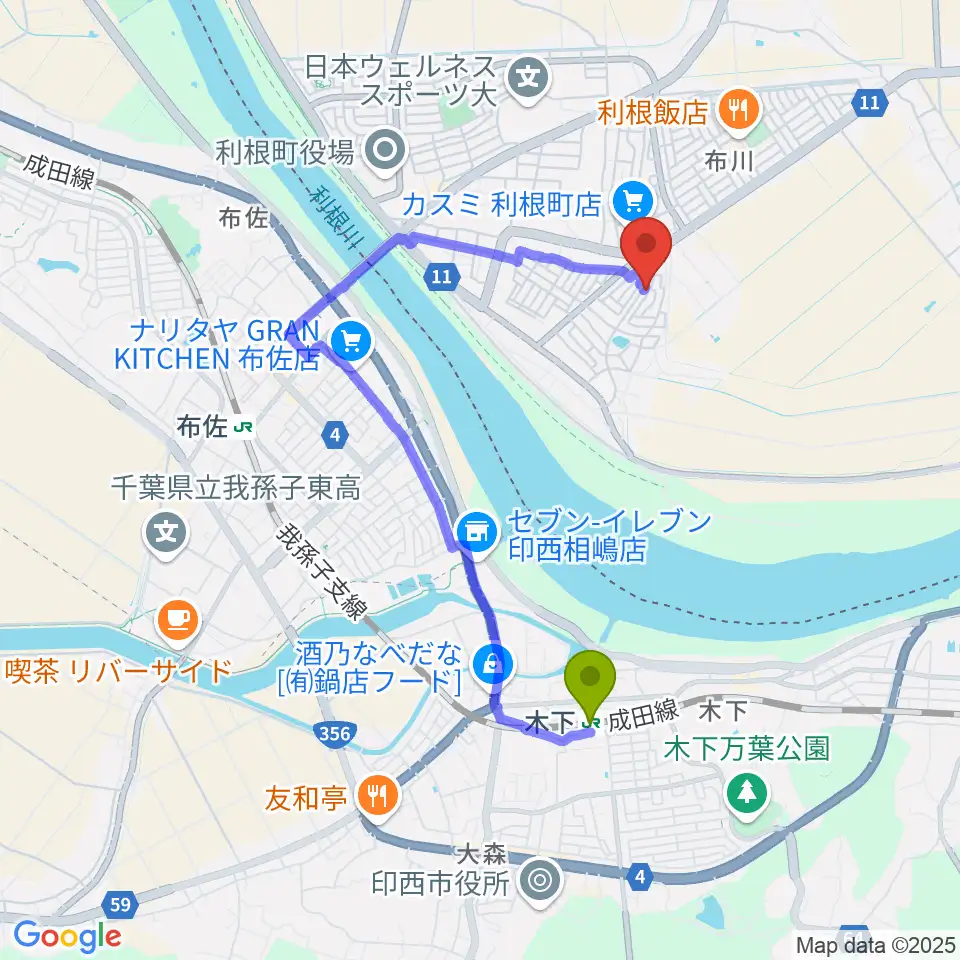 木下駅から四季の丘ミュージックスクールへのルートマップ地図