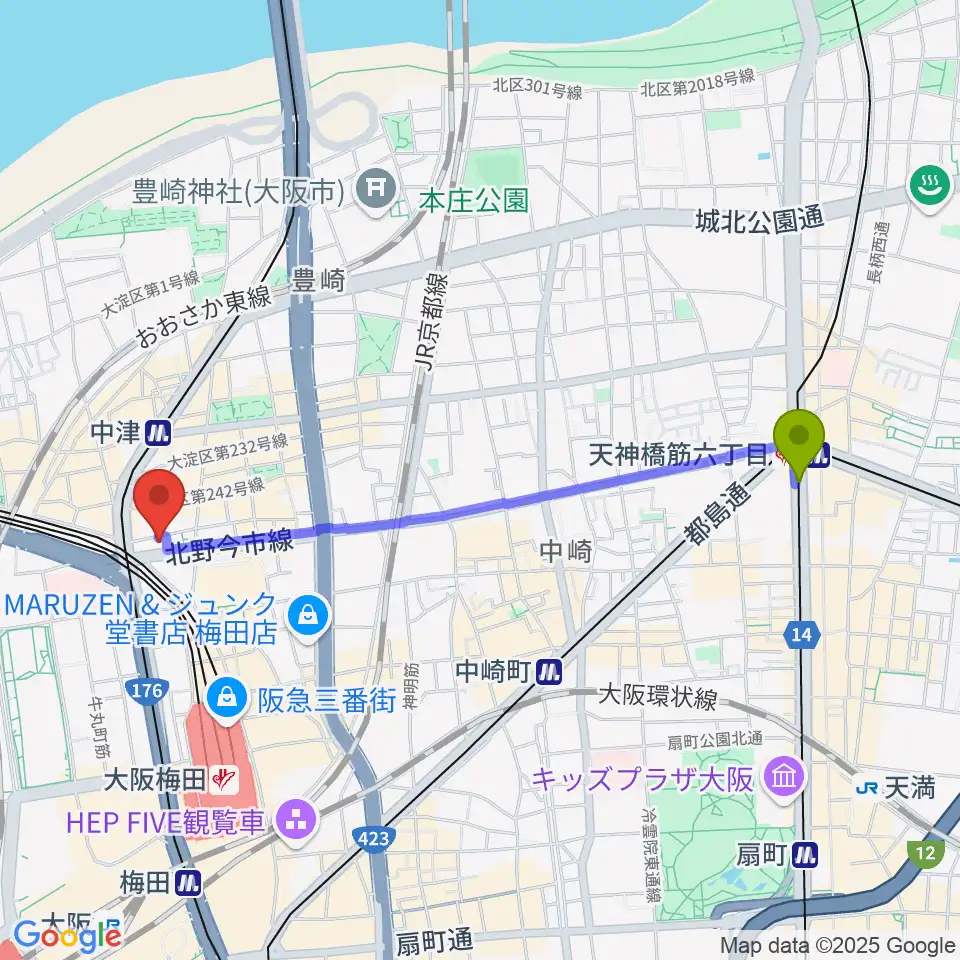 天神橋筋六丁目駅からESPエンタテインメント大阪へのルートマップ地図