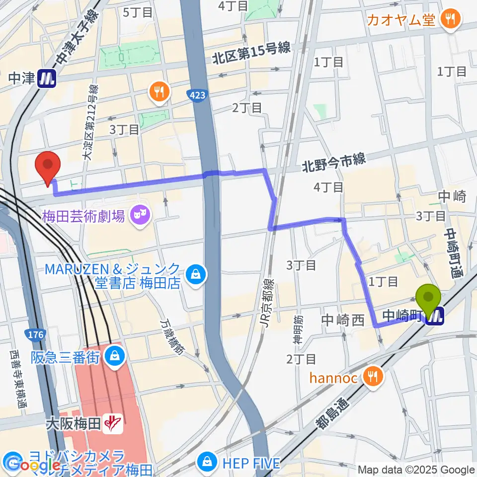 中崎町駅からESPエンタテインメント大阪へのルートマップ地図