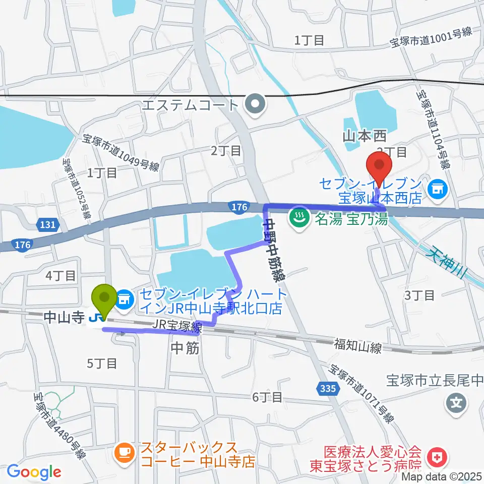 中川亨ギター教室の最寄駅中山寺駅からの徒歩ルート（約10分）地図
