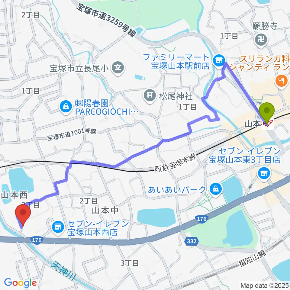 山本駅から中川亨ギター教室へのルートマップ地図
