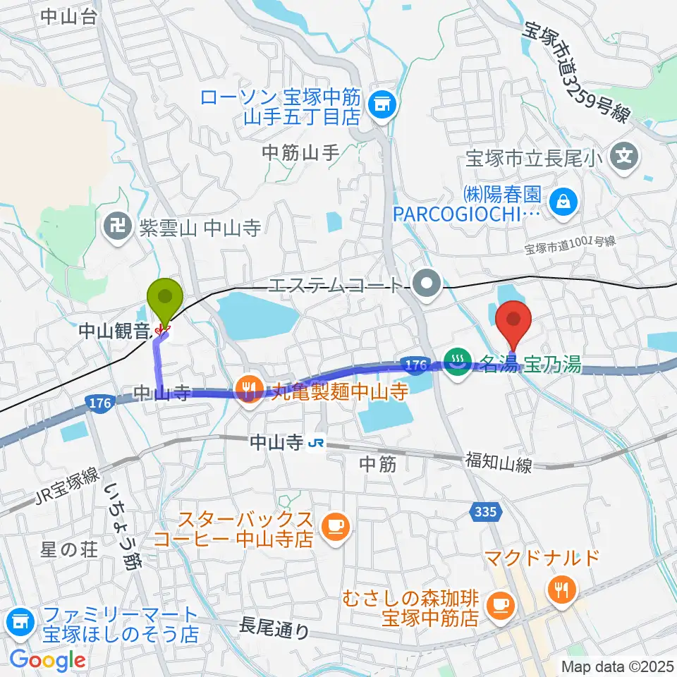 中山観音駅から中川亨ギター教室へのルートマップ地図