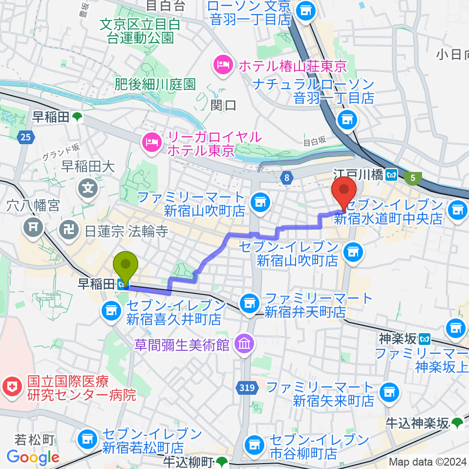 早稲田駅からBEC音楽教室へのルートマップ地図