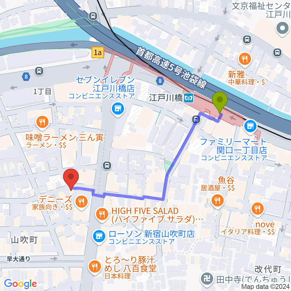 BEC音楽教室の最寄駅江戸川橋駅からの徒歩ルート（約4分）地図