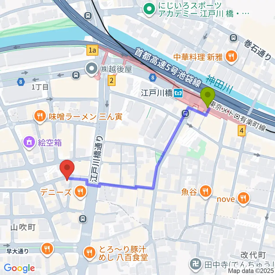 BEC音楽教室の最寄駅江戸川橋駅からの徒歩ルート（約4分）地図