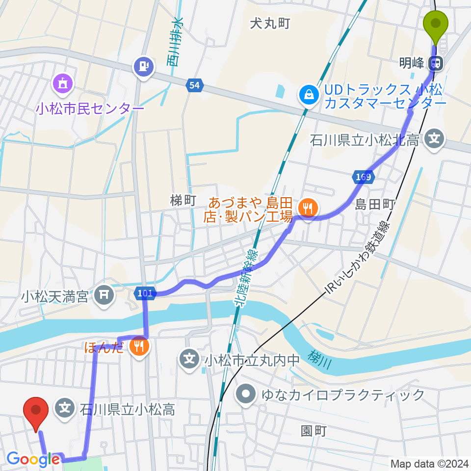 明峰駅から丸の内音楽教室へのルートマップ地図