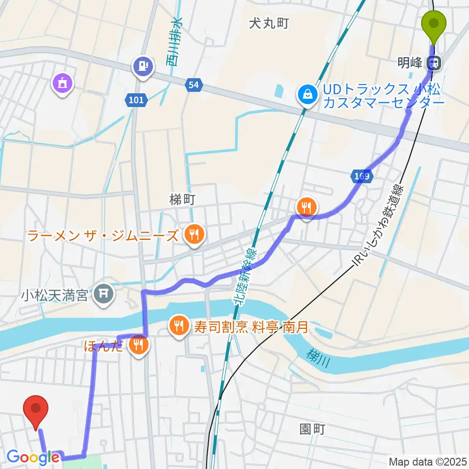 明峰駅から丸の内音楽教室へのルートマップ地図