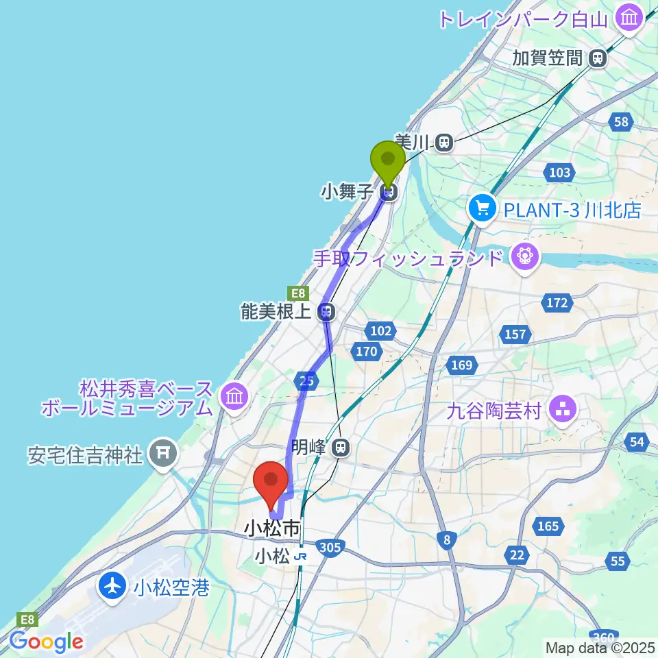 小舞子駅から丸の内音楽教室へのルートマップ地図